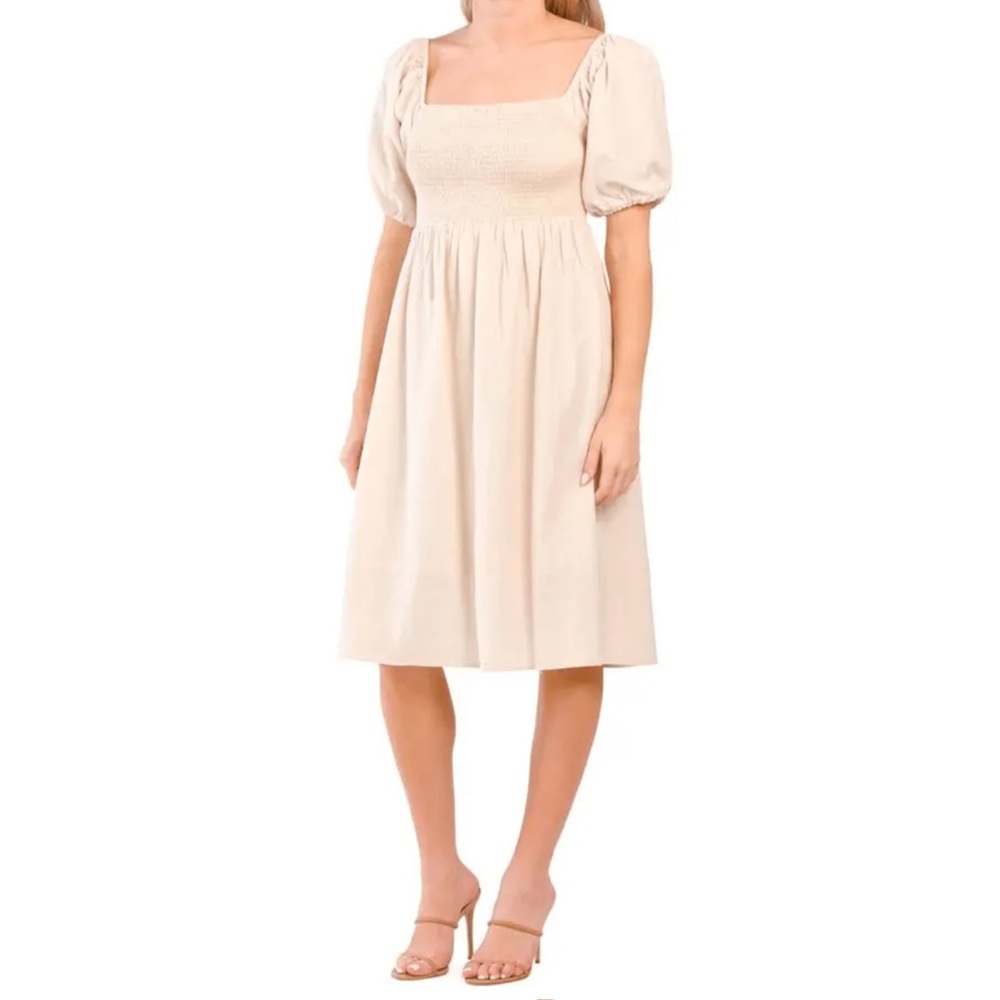 7 For All Mankind Puff Sleeve Smocked Midi Dress Extra Large Off-White Cream